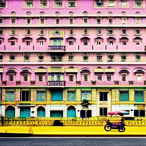 Prompt: Symmetric Wes Anderson film still in Saigon without people. Establishing shot. 8k resolution. Pastel. Sharp. Whimsical. Symmetry. Stunning.