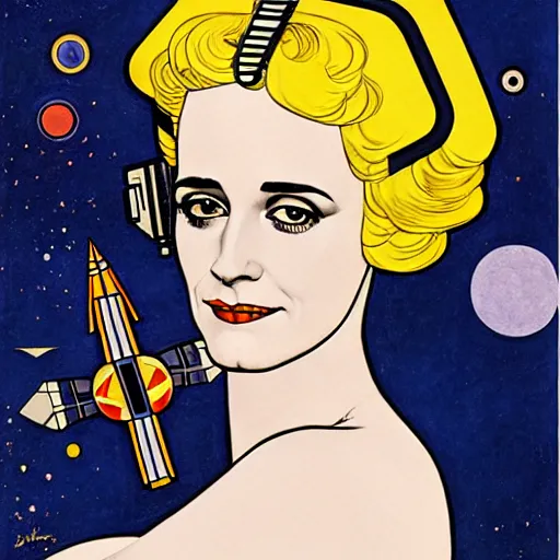 Image similar to Art by Coles Phillips, Eva Green as Space Commander Zeta from the Year 3000, Mucha, Kandinsky,