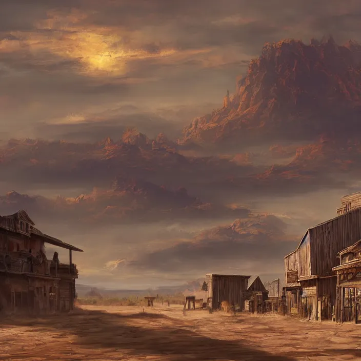 Image similar to old west style city in the middle of a vast sandy flat desert with a single mountain on the very distant horizon. magic the gathering art, digital media