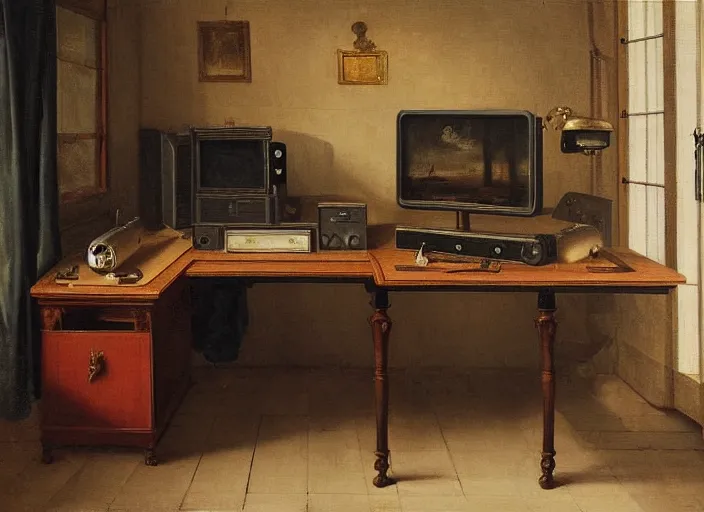 Image similar to still life painting of a retro electronics supercomputer built - in desk workstation battlestation by pieter claesz, oil on canvas, strong lighting, highly detailed, hyper realism, golden hour, god rays, hd, 4 k