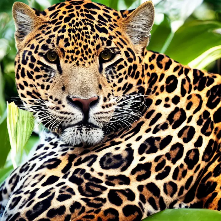 Prompt: portrait photograph of crypto from apex legens, young male, symmetric face!, symmetric round detailed eyes!!, slight smile, natural light, with a very detailed jaguar! on her shoulder in a tropical greenhouse. looking at the camera!! super resolution. extremely detailed. graflex camera!, bokeh!!!!! trending on artstation.