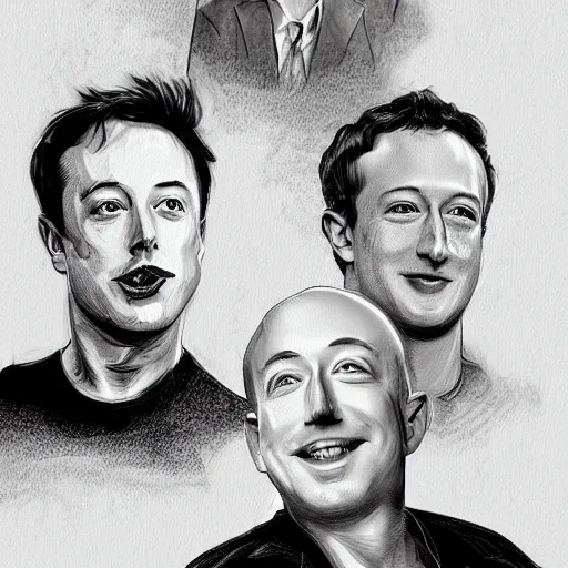 Image similar to portrait of elon musk, mark zuckerberg, jeff bezos, in meeting together, very detailed, art contest winner on behance, trendy on deviant art, by by artgem