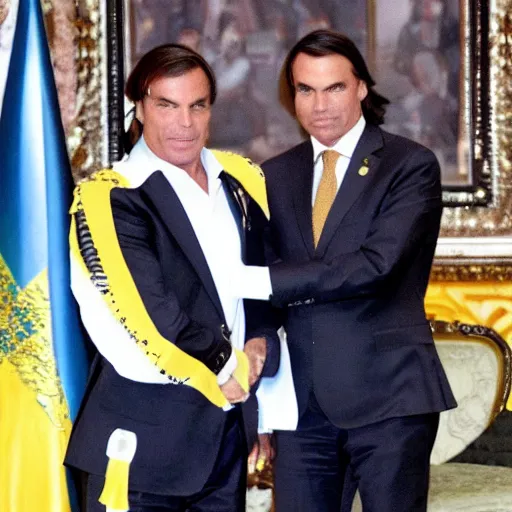 Prompt: bolsonaro passing the presidential sash of brazil to michael jackson, press photo, reuters