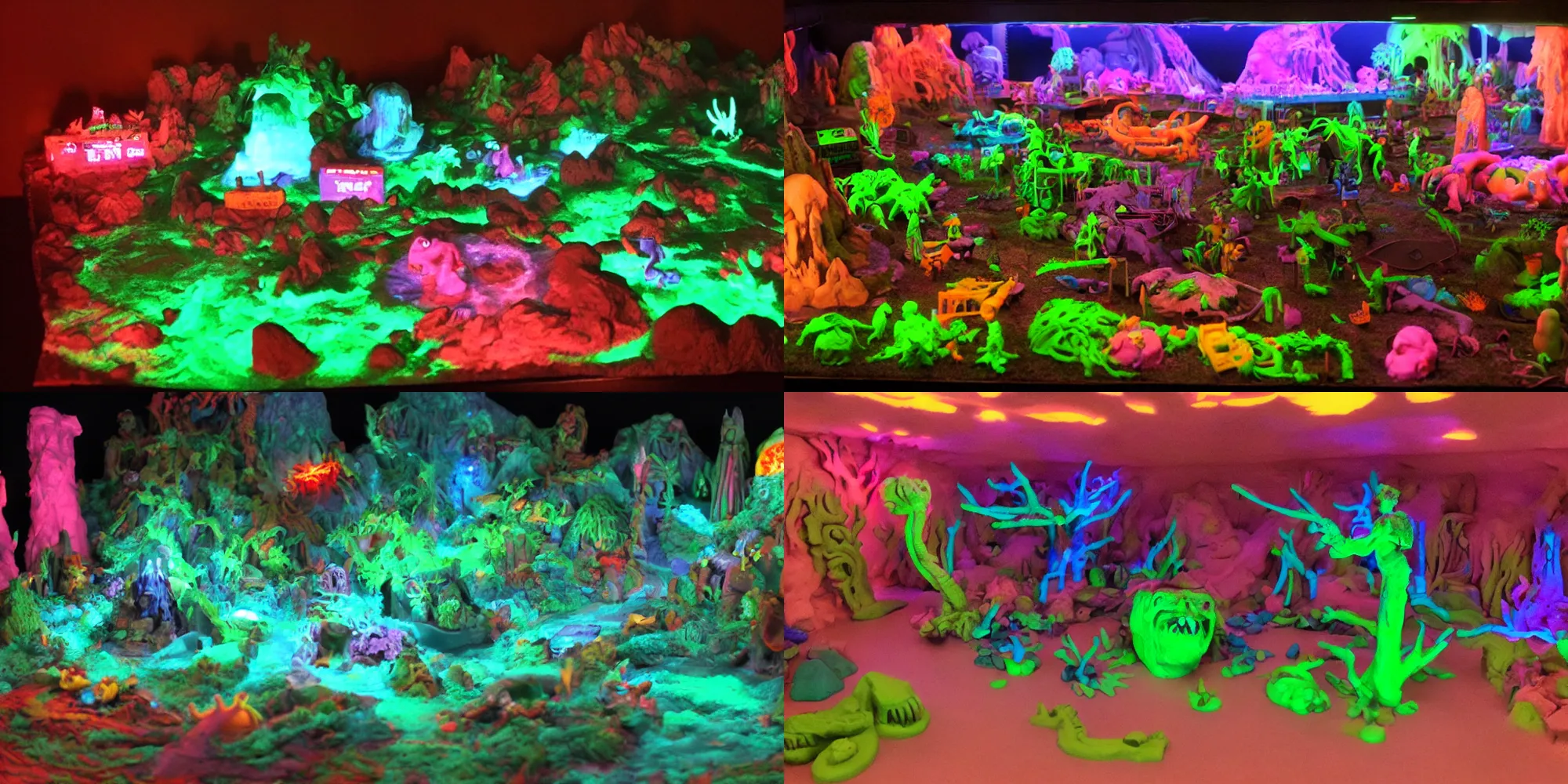 Prompt: diorama of Isle of giant horrors, play-doh, realistic, neon lighting