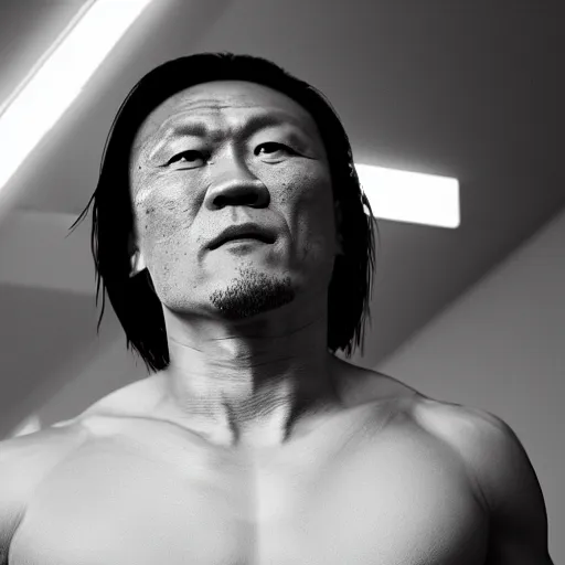 Image similar to minoru suzuki after a match, black and white, photographic, photoreal, in the style of Stanley Kubrick, 4k, award-winning, rendered in Octane, rendered in Unreal engine