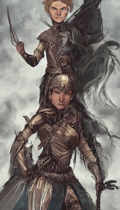 Image similar to a graphic novel cover for a fantasy epic about a female warrior in a new dimension