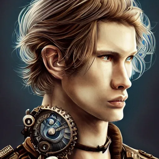 Image similar to portrait of a man by ayami kojima, norwegian, he is about 2 0 years old, blond short hair, tall and strong, older brother vibes, he is wearing a steampunk tactical gear, highly detailed portrait, digital painting, artstation, concept art, smooth, sharp foccus ilustration, artstation hq