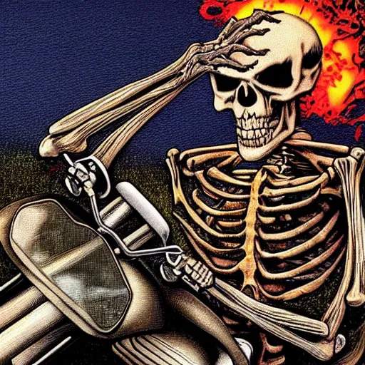 Prompt: richard corben style album cover artwork painting of ghost rider skeleton on a motorcycle