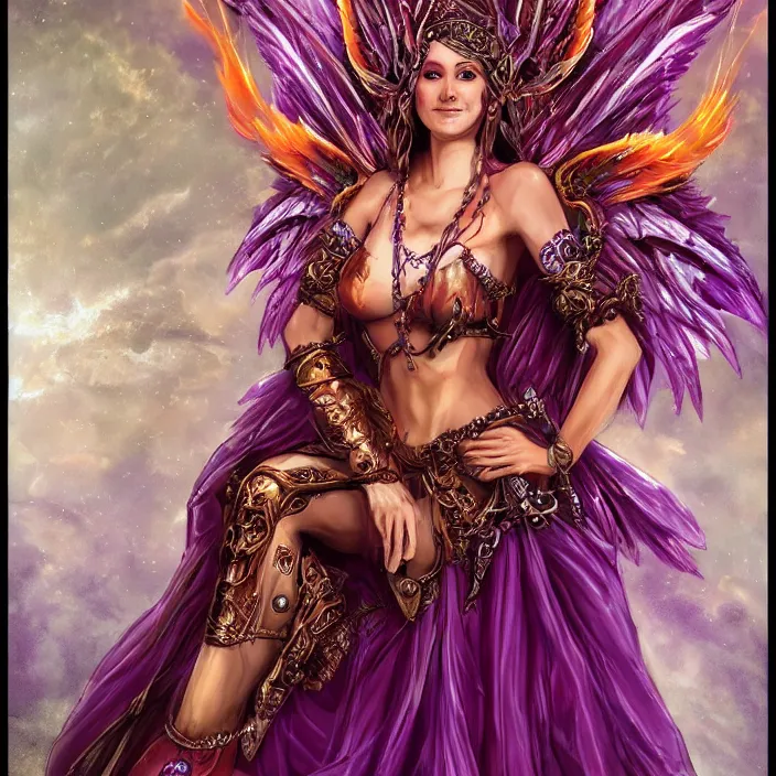 Prompt: Princess sorceress with red flaming bird wings on her back and sitting on an ornate throne dressed in a fancy long purple dress, beautiful realistic symmetrical defined face, Slight smile and open eyes, anatomically correct, Fantasy, Full Portrait, High detail, realistic, planeswalker