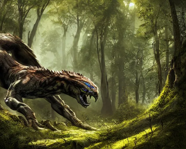 Image similar to predators lurking in the woods, matte painting, ultra wide shot, sharp focus, wallpaper art, dramatic lighting, concept artwork by greg rutowski and murata range