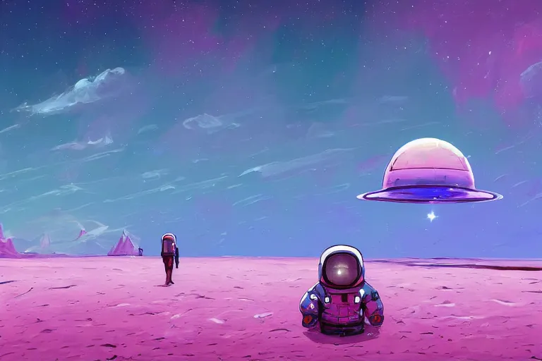 Image similar to astronaut sitting at the beach next to his spaceship on a pink, blue, purple alien planet watching an planet, surreal photography, dark night, stars, planets, moon light, alien vegetation, impressionist painting, clouds, digital painting, artstation, simon stalenhag