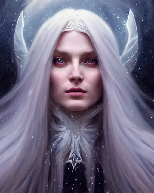 Image similar to realistic portrait of a beautiful white witch, bright witch, dark night, beautiful, heroic pose, beautiful face, magic, dark magic, dramatic lighting, intricate, wild, highly detailed, digital painting, artstation, concept art, smooth, sharp focus, illustration, art by artgerm and greg rutkowski and alphonse mucha, footage from space camera