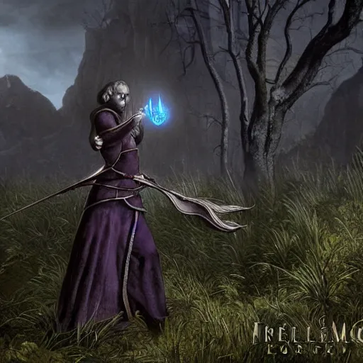 Image similar to The Elder Scrolls 6, Female Mage conjuring a spell, realistic, ultra detailed, menacing, powerful, dark, shallow focus, forest, mountains in the background concept art design as if designed by Wētā Workshop