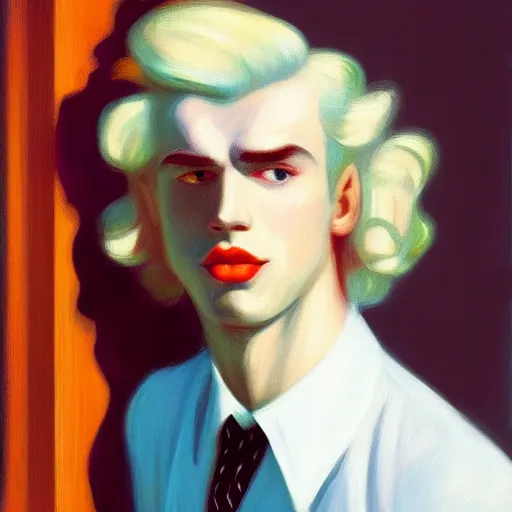 Prompt: A beautiful close-up of a young white-haired man with very long curly hair, dressed like in the 1940s, digital art by Edward Hopper, vibrant color scheme, highly detailed, in the style of romanticism, fine Art, high detail, great lighting, 8k resolution, masterpiece, concept art, illustration, clear eyes, soft lighting, soft details, painting oil on canvas, octane render, HDR, trending on artstation, 4k, 8k, HD