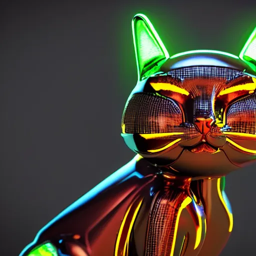 Prompt: chrome cat, glossy, metallic, neon, symmetrical, tribal patterns, realistic, unreal engine, octane, redshift, artstation, behance