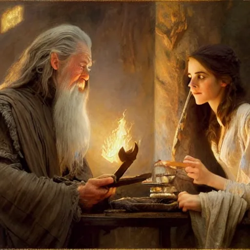 Prompt: gandalf and emma watson studying magic, highly detailed painting by gaston bussiere, craig mullins, j. c. leyendecker 8 k