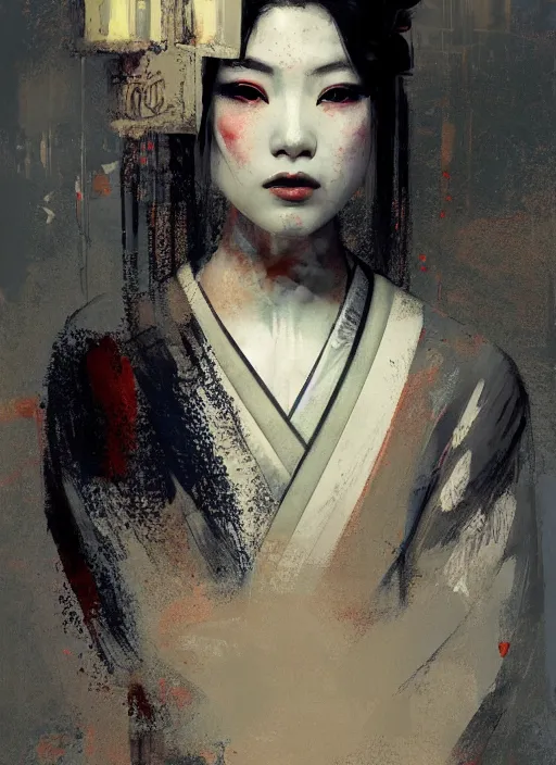 Image similar to female geisha girl, beautiful face, rule of thirds, intricate outfit, symmetrical, spotlight, by greg rutkowski, by jeremy mann, digital painting