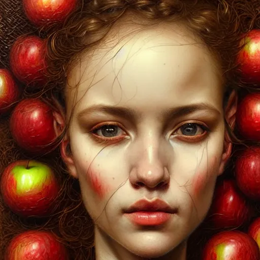 Prompt: portrait, face made of apples, fantasy, intricate, elegant, highly detailed, lifelike, photorealistic, digital painting, artstation, illustration, smooth, sharp focus, art by krenz cushart, artem demura, giuseppe arcimboldo