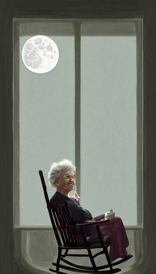 Image similar to portrait of an old lady in a rocking chair looking out of the window at the moon. old house. hyperdetailed, artstation, cgsociety, 8 k