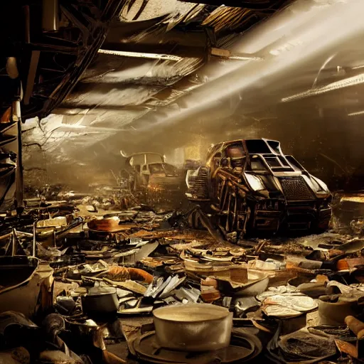 Prompt: cutlery mecha, dark messy smoke - filled cluttered workshop, dark, dramatic lighting, orange tint, cinematic, highly detailed, sci - fi, futuristic, movie still