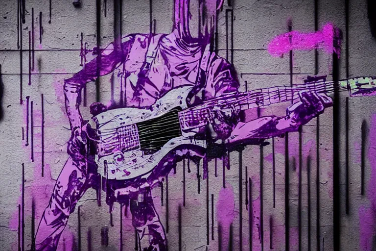 Prompt: dripping purple faded paint across the shape of a human playing guitar, realistic, extremely detailed, coming out of the cyberpunk wall