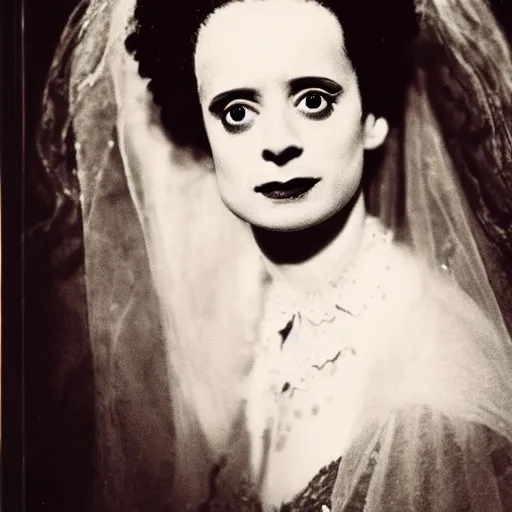 Prompt: dslr photo portrait still of young elsa lanchester as the bride, frankenstein, by gustave dore, 8 5 mm, f 1. 8,