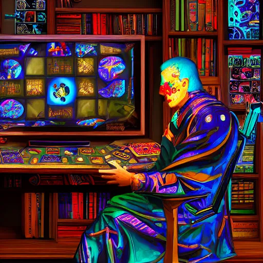 Image similar to cyberpunk hermetic esoteric play and games scholar floral patterned robes in his study with holographic contraptions, board games, crt monitors