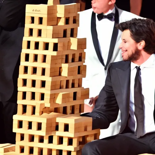 Image similar to Two dinosaurs playing Jenga at the Oscars ceremony, luxury