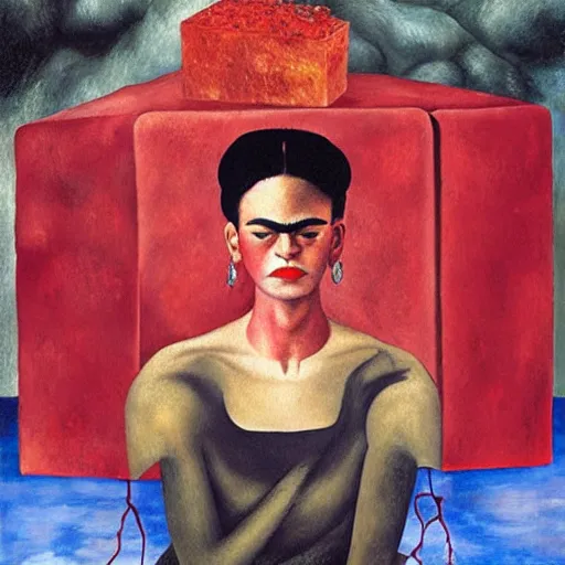 Prompt: Angel crying on top of a red cube made out of water, tears falling from eyes, oil painting by Frida Kahlo