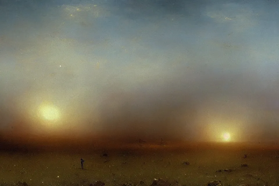 Image similar to sci-fi painting of a nearby large alien city on the vast wheat fields, the closed back view of one humanoid robot on the ground, by Ivan Aivazovsky, godrays, detailed