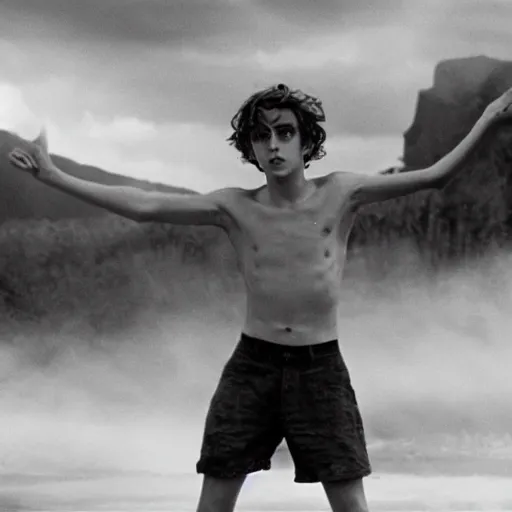 Prompt: timothee chalamet plays ralph in lord of the flies ( 1 9 6 3 ), 3 5 mm black and white, highly detailed, cinematic lighting