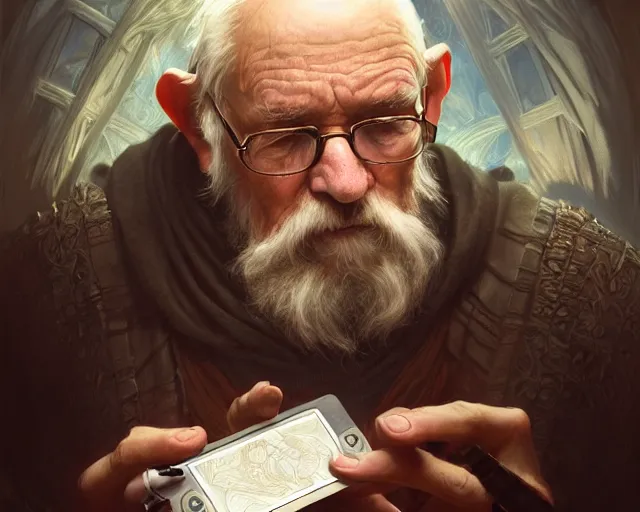 Prompt: photography of an old man trying to use an ipod, deep focus, d & d, fantasy, intricate, elegant, highly detailed, digital painting, artstation, concept art, matte, sharp focus, illustration, hearthstone, art by artgerm and greg rutkowski and alphonse mucha