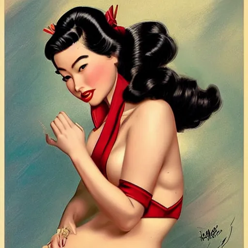 Image similar to pin - up portrait of a beautiful young curvaceous mulan, pretty long hair, intense flirting, showing curves, symmetrical face, digital art, smooth, extremely detailed,, by wu bayard, by gil elvgren, by ralph horsley, by hanks steve