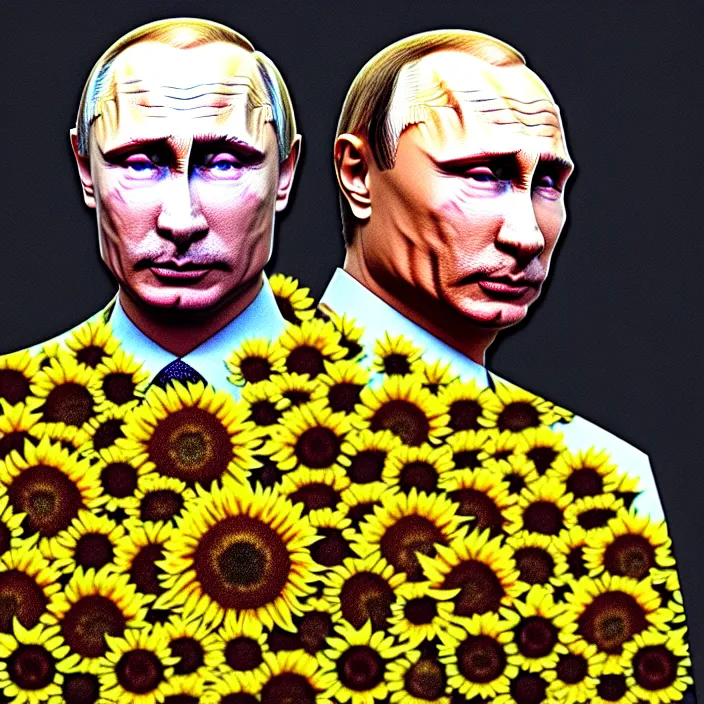 Prompt: photo portrait of Vladimir Putin - sunflowers - dressed in leisure shirt with ornamental ethereal sunflower pattern, natural skin tone, highly detailed realistic flowers ornament on the shirt, raging war and explosions in the background, eyebrows and wrinkles are intricate and highly detailed, elegant, Realistic, Refined, Highly Detailed, natural soft pastel lighting colors scheme, fine art photography by Cecil Beaton, volumetric lighting, hyper realistic photography