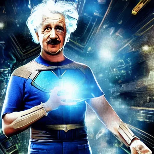 Prompt: Albert Einstein as a superhero, bending time and space to alter reality itself, dramatic cinematic action shot, movie still from Watchmen (2009), Oscar winning cinematography, 8k