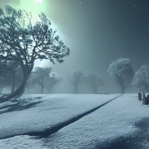 Image similar to dandy waovered in a quaint suburban neighborhood. coquitlam, west virginia tech university, 4 6 0 7 a beautiful vr 3 d sci - fi painting of an ominous luminous alien planet covered in snow and fog. 4 k resolution