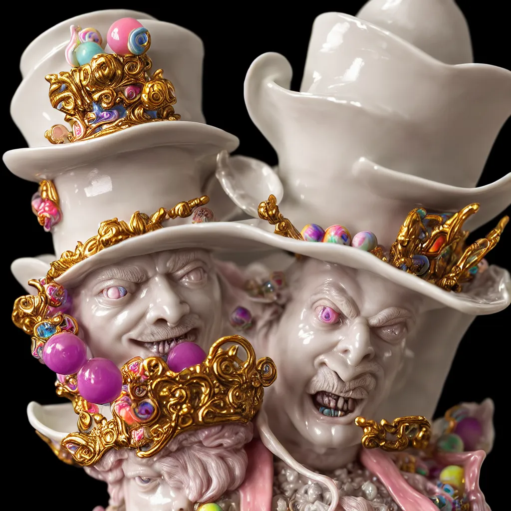 Prompt: a closeup photo - real delicate ceramic porcelain sculpture of an ornate detailed madhatter, made of lollypops, micro detail, backlit lighting, translucent, thin porcelain, octane renderer, colorful, physically based rendering, bubbles swirling around, by mark d viraj