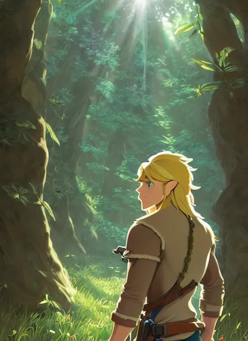 Image similar to young man with long blond hair, from behind, lost in a forest, natural lighting, path traced, highly detailed, high quality, digital painting, by don bluth and ross tran and studio ghibli and alphonse mucha, artgerm, breath of the wild