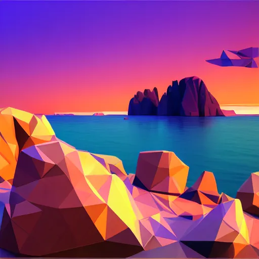 Image similar to super detailed color lowpoly art, northern sunset with rocks on front, monochrome photorealistic bay in the middle of perspective and mountains at background, big graphic vessel in the middle of composition, unreal engine, high contrast color palette, 3 d render, lowpoly, colorful, digital art, perspective, full volume composition, robb cobb, robert mccall, syd mead