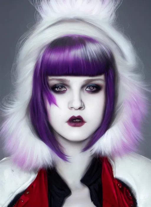 Image similar to portrait of white teenage girl, normal face, white bangs, mall goth, cyberlox, black and white hair, bangs, fluffy bangs, red contact lenses, purple lipstick, intricate, elegant, highly detailed, digital painting, artstation, concept art, sharp focus, smooth, illustration, art by wlop, mars ravelo and greg rutkowski