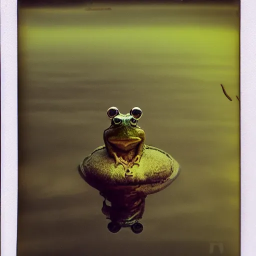 Image similar to frog in jesus christ pose levitating over misty water, polaroid photography by andrey tarkovski, paranormal, spiritual, mystical