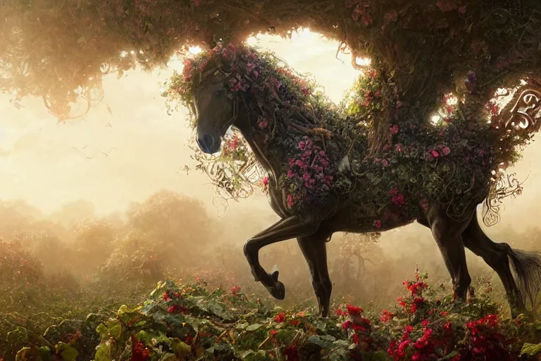 Image similar to a stunning horse with a mane of vines and flowers by greg rutkowski, high key lighting, volumetric light, digital art, highly detailed, fine detail, intricate, ornate, complex, octane render, unreal engine, photorealistic