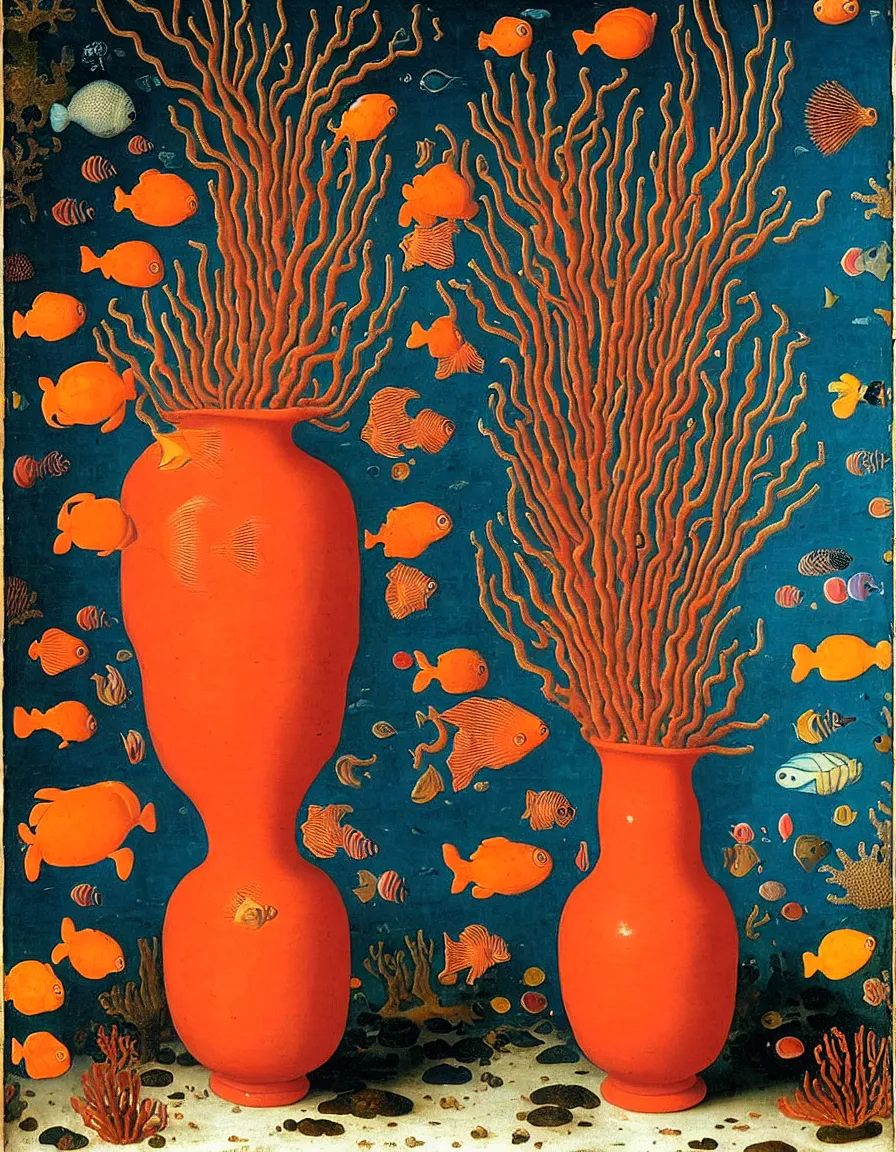 Image similar to bottle vase of coral under the sea coming from a very very beautiful african man body, the bottle vases are decorated with a dense field of stylized scrolls that have opaque outlines enclosing mottled blue washes, with orange shells and purple fishes, Ambrosius Bosschaert the Elder, oil on canvas, around the edges there are no objects