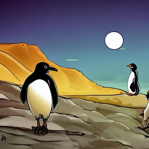 Image similar to end of days skeleton overlords enslaves penguin-human hybrids, landscape, 4k, detailed, cartoon