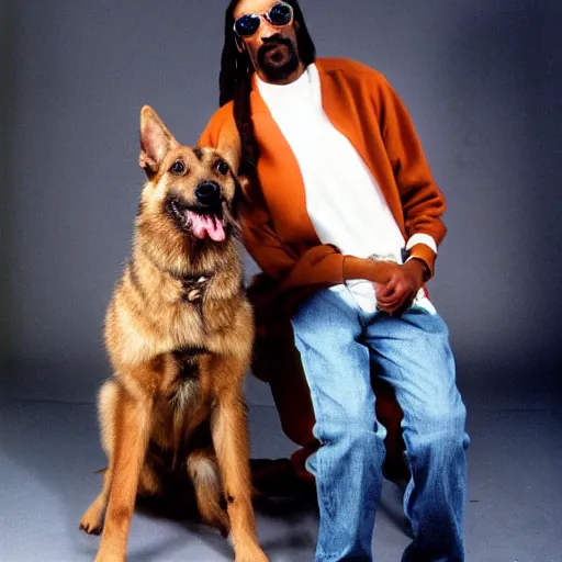 Prompt: Snoop Dogg holding a German Sheppard for a 1990s sitcom tv show, Studio Photograph, portrait, C 12.0