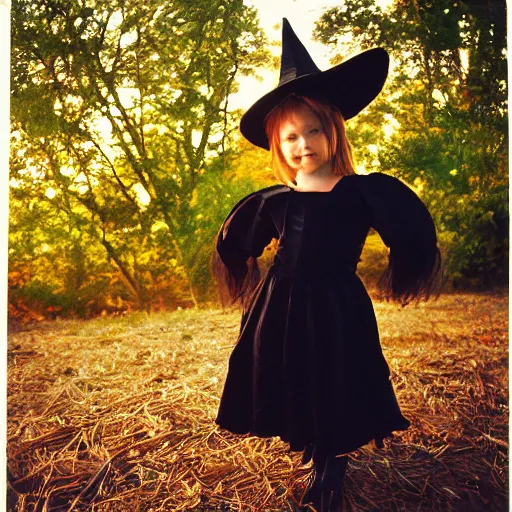 Prompt: a vibrant photograph of a children wearing witch costume, wide shot, outdoors, sunset photo at golden hour, wide - angle lens, soft focus, shot on a 2 0 0 3 camera, on flickr in 2 0 0 3