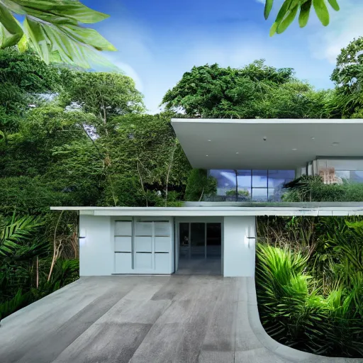 Image similar to modern house, surrounded by a lush jungle, hyper realistic, photo real,