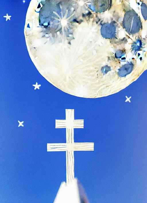 Image similar to photo of moonlanding in finlands blue and white cross flag on the moon, aesthetic, fine art, intricate, elegant, highly detailed, centered, phograph, art station, conceptual art, soft, sharp focus,