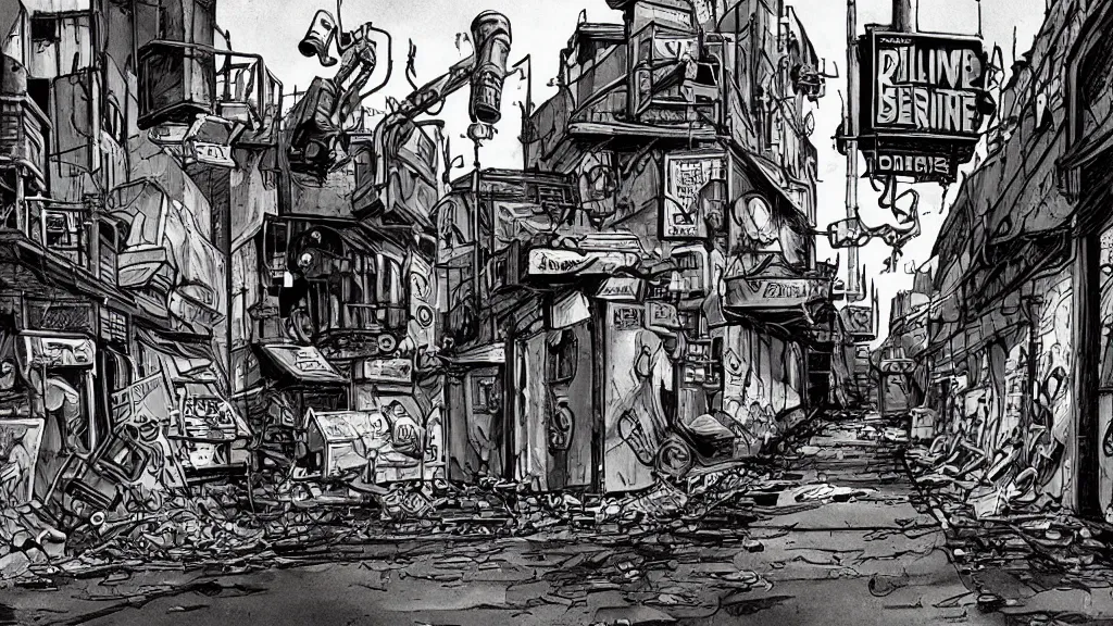 Image similar to the alley behind the seediest dive bar in the universe, futuristic dumpster and burned out robot scraps by Ralph Bakshi