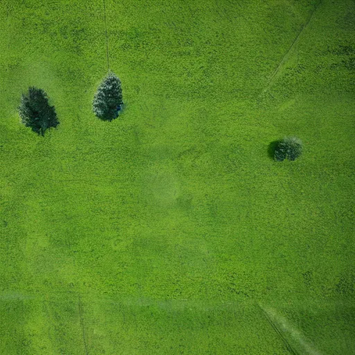 Prompt: Film still, extreme wide shot looking down on a secluded meadow covered in green grass, surrounded by tall, full trees, extreme long shot